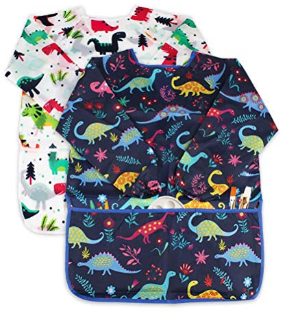 BAHABY Kids Art Smocks 2 Pack Dinosaur Painting Apron for Children Waterproof Artist Smock with Long Sleeve and 3 Pockets for Age 3-8 Years