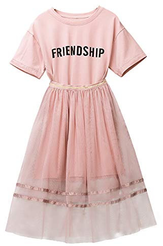 amropi Ensemble Fille Longues Robe à T-Shirt Manches Courtes + Jupe Tulle Eté Vêtements Rose,11-12 Ans