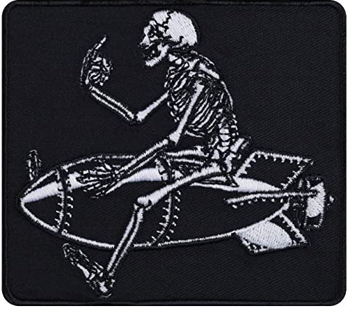 Mittelfinger Aufnäher Skelett auf Rakete Aufbügler Jeans Flicken lustiges Bügelbild Rocker Heavy Metal Biker Patch zum annähen/aufbügeln | Applikation für alle Stoffe | 90x80mm