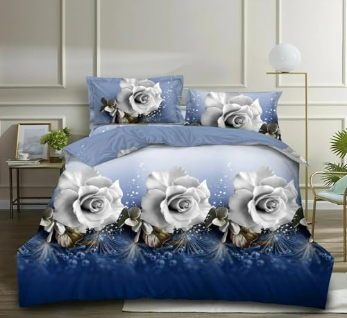 THL 4 Pcs Complete Bedding Set 3D Design Floral Printed Duvet Cover with Fitted Sheet Pillowcases