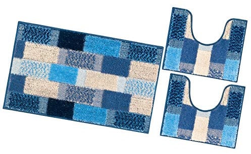 emmevi Tappeto Bagno Parure Morbido Girowater Antiscivolo Assorbente Lavabile MOD.Lilla Set 3 Pezzi Blu