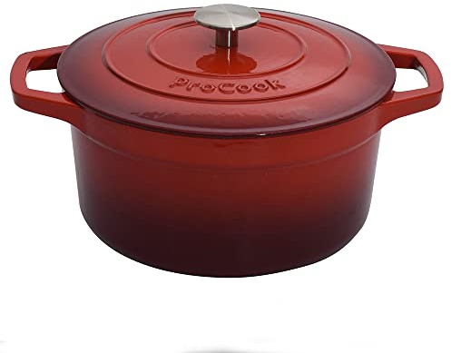ProCook Red Cast Iron Round Casserole Dish with Self Basting Lid Enamel Coated Induction Compatible Modern Classic Cookware - 24cm / 4.7L