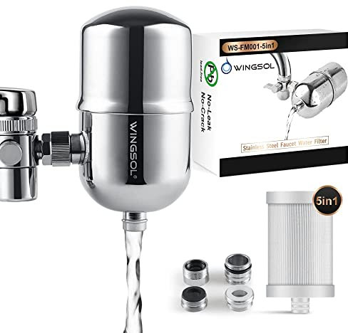 WINGSOL Faucet Filter Reduce Heavy Metals 99.6% Lead, Increase Water pH & Taste NSF/ANSI 42&53, 304 Stainless-Steel 220-Gallon 0.1µm Remineralize Water 5-in-1 Function Water Faucet Filter