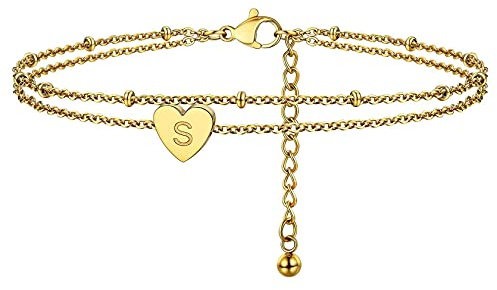 Chaine de Cheville Lettre S Double Plaque Or Chaines Pied Dore Femme Acier Petit Pendentif Coeur Initiale Grave Bracelet de Cheville Fille Fine Alphabet Bijoux Plage Ete Vacance Cadeau Maman