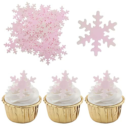 Gyufise 50Pcs Pink Edible Cupcake Cake Toppers Snowflake Cake Decorations for Christmas Winter Frozen Theme Party Supply Decoration