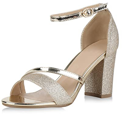 VAN HILL Damen Sandaletten Lack Riemchensandaletten Glitzer Metallic Schuhe Elegante High Heels Party Abendschuhe 154299 Gold Elegant 39