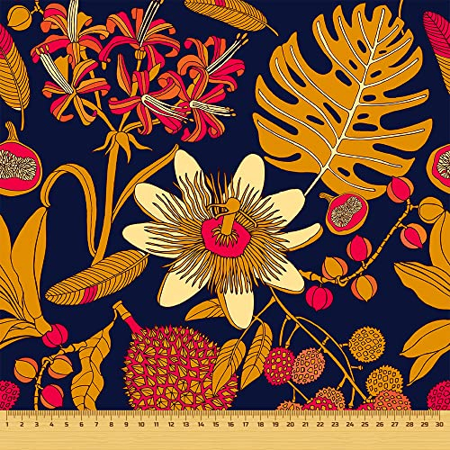 HEKO PANELS Stoff Oxford Wasserdichte Meterware CanvasPolyester Stoff Zum Nähen Nähstoffe Möbelstoffe Dekostoffe Handwerken Wasserabweisend Blickdicht Blumen Gold Dunkelblau 100 x 155 cm