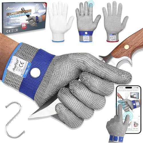 AmzFirst Schnittschutzhandschuhe küche, Leistungsfähiger Level 9 Schutz, Touchscreen Edelstahl Draht Metall Mesh Arbeitshandschuhe, Kettenhandschuh, Mandolinen Handschuhe, 1 Stück, größe 6/XS