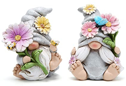 Hodao Set mit 2 Frühlingswichteln Dekorationen Blumenzwerge Ornamente Dekor Sommer Zwerge Figuren Frühling Zwerge für Outdoor Garten Dekor Frühling Geburtstag Geschenke für Frauen, Mutter, Oma (Grau)