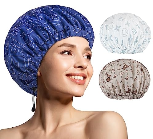 WINSTECK 3-teilige Duschhauben für Damen, Upgrade bequem und extra groß und doppellagig, wasserdichte Badehaube, übergroße, verstellbare Haarhaube mit Saum für alle Haarlängen/-stile