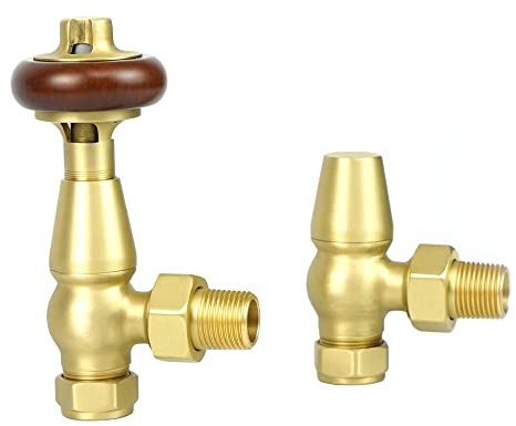 VANCOCO Traditional Angled Radiator Valves 1/2×15mm, Brass Thermostatic Radiator Valve, Cast Iron Antique Thermostat Radiator Thermostat TRV Pair with Solid Wood Handwheel (Brushed Gold)