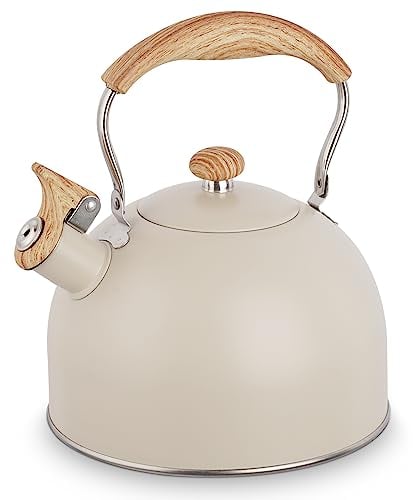 Bouilloire sifflante en acier inoxydable de 2,5 L avec poignée en grain de bois, théière pour plaques à gaz, induction, cuisinière et plaques électriques (beige)