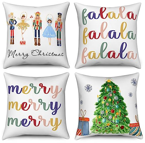 Hnmdmyi Kissenbezug Weihnachten 45x45 4er Set, Nussknacker FA La La Weihnachtsbaum Winter Urlaub Partei Dekorative Kissenbezüge Leinen Kissenhülle für Sofa Couch Bett Garten Outdoor Home Decor