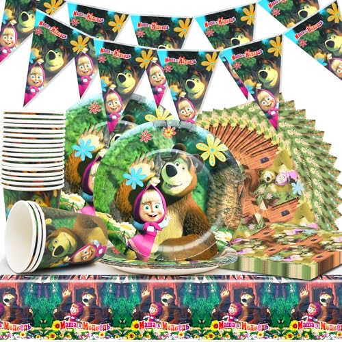 Huaxintoys Vajilla de Masha & Bear Cumpleaños, 62 Piezas Vajilla Cumpleaños Decoracion incluir Platos ⌽7 in, Vasos de Papel, Servilletas, Banderín y Mantel para Decoración de Fiesta Cumpleaños