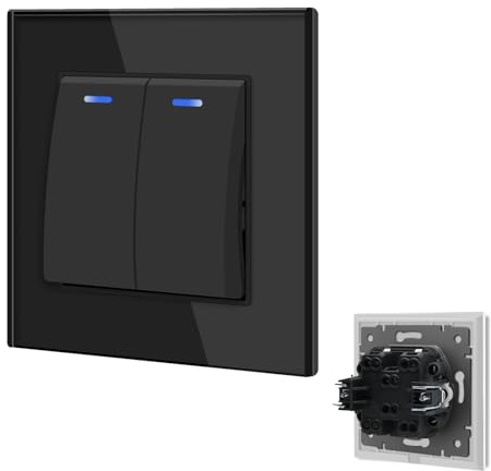 BSEED Interrupteur Mural avec voyant LED,Interrupteur encastrable avec des Griffes,10A 2 Gang 1 Voie Interrupteur à bascule avec panneau en verre,interrupteur mural pour salon,bureau,cuisine-Noir