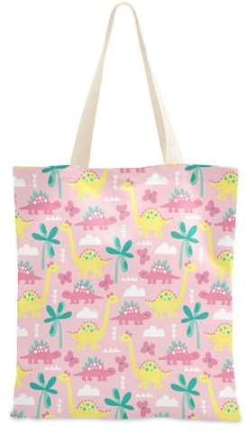 Rosafarbene Dinosaurier-Tasche aus Segeltuch für Mädchen und Frauen, wiederverwendbare Einkaufstasche, Strandtasche mit Tasche für Picknick, Strand, Strand, Rosa, Dinosaurier, 15 x 16.3
