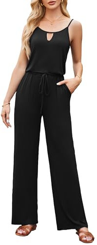 OUGES Damen Sommer Jumpsuit Ärmellos Overall Lang Hosenanzug Playsuit Casual Romper mit Taschen(Schwarz,S)