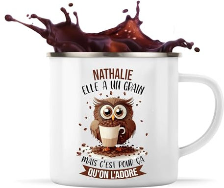 Planetee Tasse Nathalie Chouette Café 360 ml | Mug Émaillé Métallique | Idée Cadeau Humour Collègue Travail Famille Anniversaire Noël