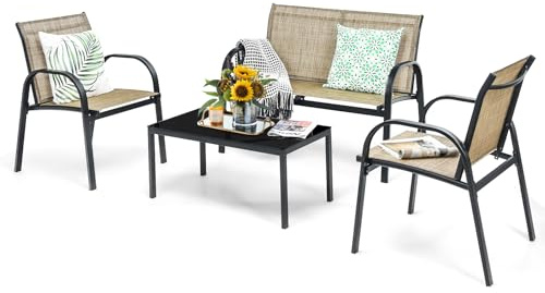 GIANTEX 4 TLG. Gartenmöbel Lounge Set, Gartenlounge Set mit Couchtisch & Gartenbank & 2 Essstühle, Textilene Balkonmöbel Set 4 Personen, Terrassenmöbel Garten Sitzgruppe Sitzgarnitur (Braun), KZ98171