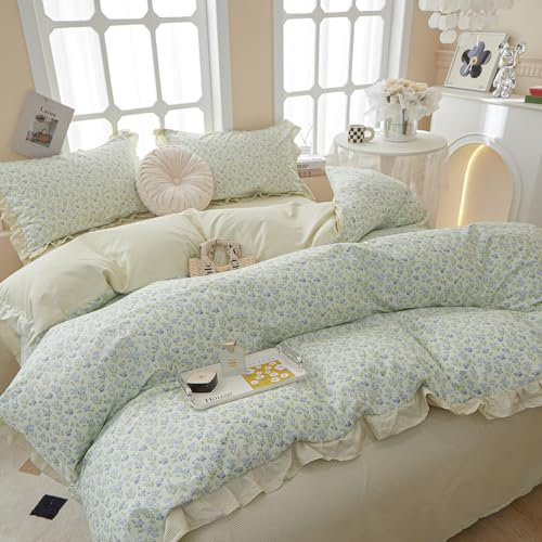 AMZTOP Bettwäsche-Set, Vintage-Stil, grün, Rüschen, Blumenmuster, 100 % Baumwolle, Queen-Size-Größe, 3-teilig, für Teenager, Mädchen, frische Glocke, Bettbezug mit Reißverschluss, schicke