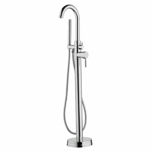 Grifo independiente para bañera de pie, de pie, ducha de mano, grifo de bañera, de cobre y acero inoxidable, giratorio, montaje en el suelo con bañera, cromado redondo