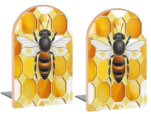 Bee Honeyyycomb Buchstützen aus Holz, dekorative Buchstützen aus Holz, für Regale, Schreibtisch, Zuhause, Büro, Buchstopper für Zeitschriften, Bücher, DVDs, 2 Stück