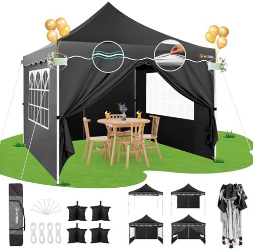 HOTEEL Faltpavillon 3x3 Wasserdicht Stabil Pop Up Pavillon Klappbar 3x3m Winterfest Partyzelt, mit 4 Seitenwänden, 4 Sandsäcken, 4 Seilen, 4 Heringen, Verdickte 0,6mm Randstange, 310cm Hoch, Schwarz