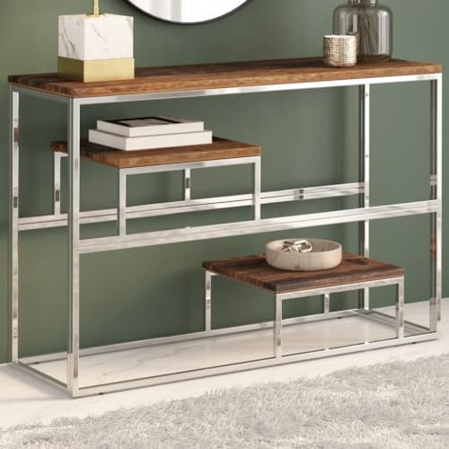 Iiaky Table Console argenté INOX et Bois de mélèze Massif,Table Console,Table Console Entree,Table D’Appoint