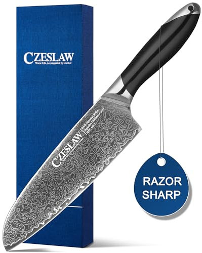 Czeslaw Couteau de Chef, Couteau de Chef Japonais en acier Damas de 18 cm, Couteau de Cuisine classique et léger, En acier Damas japonais noir couteau de cuisine professionnel et tranchant