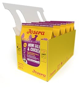 JOSERA Mini Salmon & Chicken (5 x 900 g) | Adult Mini | Premium Trockenfutter für ausgewachsene Hunde Kleiner Rassen | kleine Kroketten | mit leckerem Soßenpulver auch nass zu verfüttern | 5er Pack