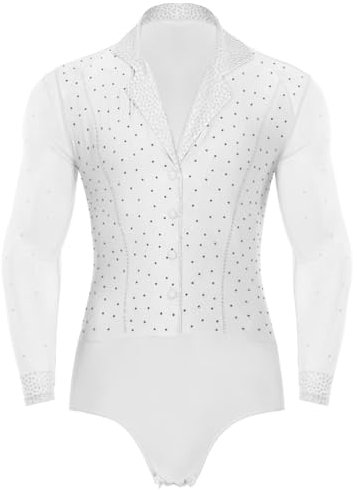 dPois Herren Tanz Hemd Latein Standard Tanz Tango Salsa Trikot Leotard Tanzbody Hemdbody mit Strass Männer Ballroom Tanzkostüm Weiß M