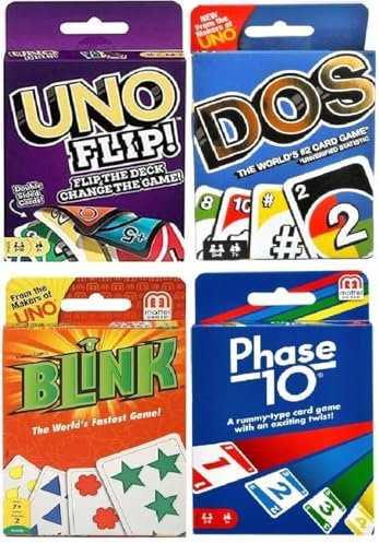 Mattel Flip, Dos, Blink und Phase 10 Kartenspiel, Combo Pack mit 4 Stück