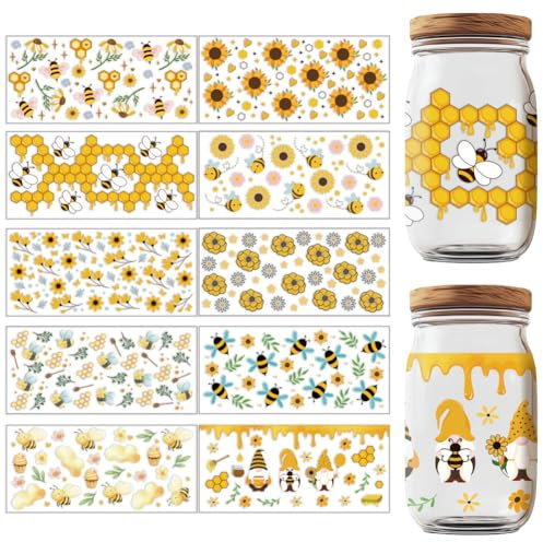 GOMAKERER 10 Blatt UV DTF Wraps Mit Bienenmotiv Transparenter Druck UV DTF Cup Wraps Wasserfester Rubbel Transferaufkleber Aufkleber Für 16 Oz Glasbecher Becher Behälter Dekor