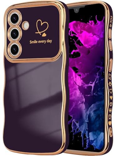 CaseLover Handyhülle für Samsung Galaxy S24 5G Hülle, Liebesherz Handyhülle Wellen Lockige Form Galvanisierte Silikon Bumper Case Kameraschutz Stoßfeste Schutzhülle für Samsung S24 5G, Dunkellila