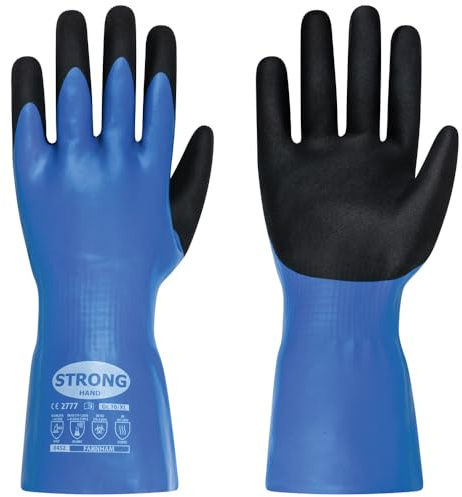 StrongHand schnittfeste Chemikalienschutzhandschuhe, doppelt beschichtet, Schnittfestigkeit Level F (!), 30 cm lang, Blau-Schwarz, Größe 8 bis 12 (1, 9/L)