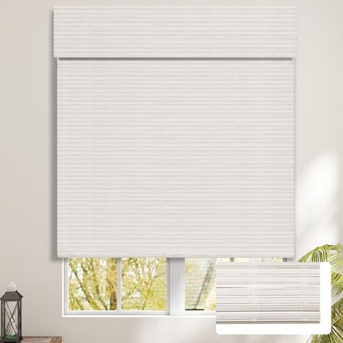 SEEYE Cordless Bamboo Blinds Shades, Light Filtering Bamboo Roller Shades Natural Roman Blind Shade, Roll Up Blind for Windows, Easy to Install for Door, Bedroom, 40 W x 64 H, White