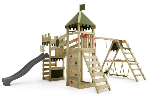 FATMOOSE Spielturm Ritterburg RiverRun Royal mit SurfSwing, Schaukel & Rutsche, Outdoor Kinder Kletterturm mit Sandkasten Leiter & Spiel-Zubehör für den Garten (anthrazit)