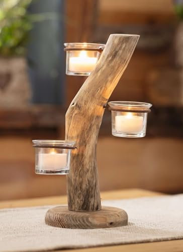 Dekoleidenschaft Photophore arbre en bois, 3 photophores, 28 cm de haut, pièce unique, bougeoir