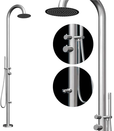 Four & More Design - Doccia da giardino per esterni, in acciaio INOX spazzolato V4A/316, modello NOE, con attacco per acqua calda e fredda per il giardino