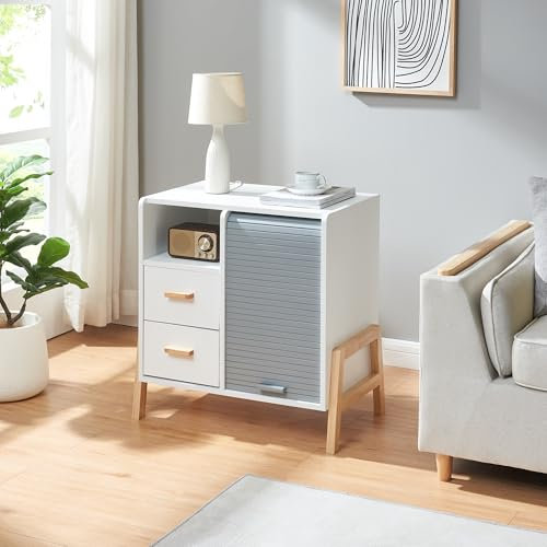 [en.casa] Commode avec 2 Tiroirs Spacieux et 1 Porte à Rideau Déroulant Meuble de Rangement Pratique Stable Design Élégant pour Salon Chambre Bureau Entrée MDF Bambou 66 x 60 x 40 cm Blanc Gris