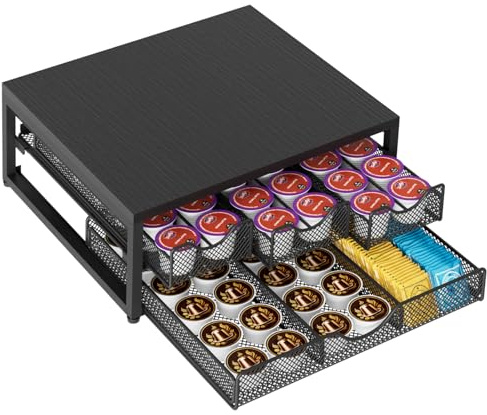 NEYCIL Coffee Pod Holder For Counter, 3 Pull-Out 72 K-Cup Holder Drawer, Wooden Cafe Pods Storage Organizer with Sliding Drawers for Coffee Station, Home, Kitchen, Office, Dorm (Black)