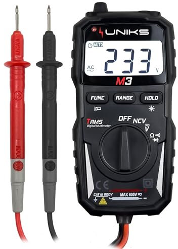 UNIKS - Multimetro Digitale M3 Tascabile TRMS con Auto‑Range 600 V CAT III – Tester Elettricista Professionale con NCV, Continuità, Diodi, Display e LED