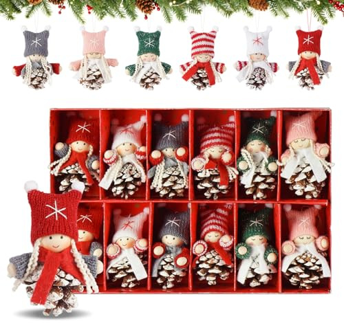 Anstore 12PCS White Pinecone Gnome Ornaments, Christmas Pinecone Elf Hanging Ornaments, 6 Colors Mini Xmas Doll, 9 cm/3.5inch Christmas Tree Gnomes Decorations Festive Elf Hanging Decor for Xmas Home