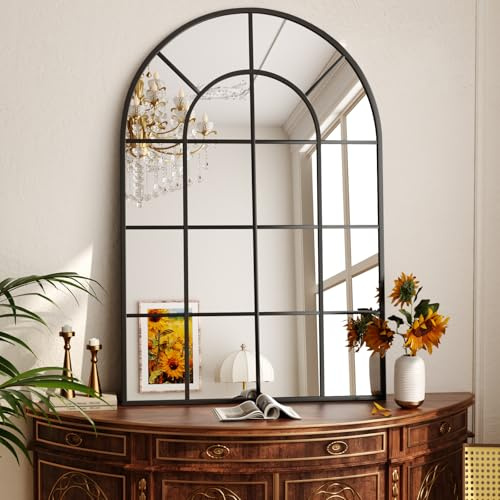 Koonmi Arched Grid Bathroom Wall Mirror, 75 x 50 cm, Black | Tempered glass, Shatter-resistant design, Decorative grid design, Suitable for bathrooms and bedrooms/dressing areas