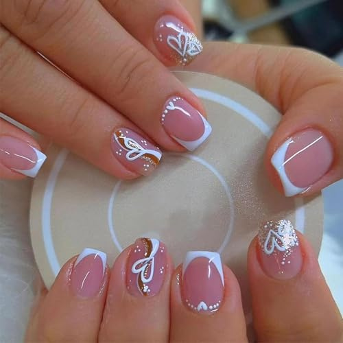 24-Piece Short Square False Nails, Pink French Tips, Heart And Gold Detail | Glossy Finish, White Linework, Curved Patterns, Fine Shimmer, Softened Corners, For Everyday Wear And Social Occasions