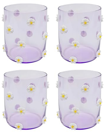 Kare Design Glas Daisy, Gläser-Set, 4-teilig, Lila, 305ml, Wasserglas mit Gänseblümchen im 3D-Design, Modernes Trinkglas