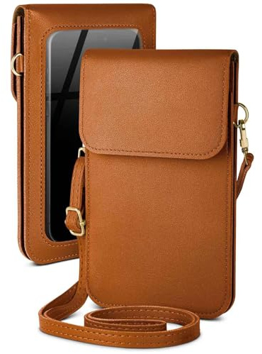 moex Handytasche zum Umhängen für iPhone 17 Pro Max kleine Handtasche mit Handyfach und Sichtfenster, 2 extra Fächer Mini PU Leder Handy Umhängetasche Damen CitySling, Braun