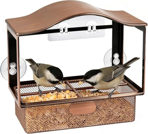 Aozzy Metal Window Bird Feeder,Unbreakable with Suction Cups & Hooks Double Security,Easy-Clean Detachable Tray bird feeders for small birds,Heavy-Duty bird feeder Garden Gift for Grandparents & Kids