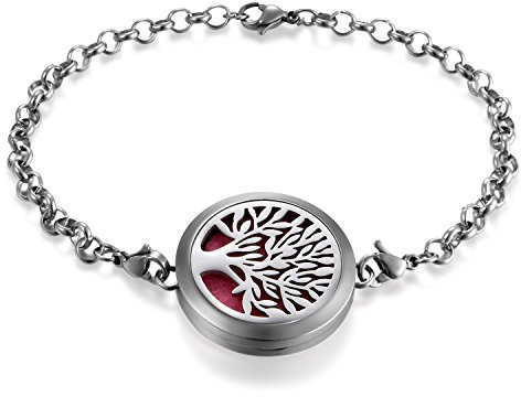 JewelryWe Schmuck Damen Aromatherapie Armband, Edelstahl Hohle Baum des Lebens Aroma Öle Diffuser Duft Diffusor Locket Medaillon Charm-Armband Armkette, Silber