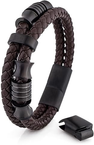 Akitsune Gracilitas Lederarmband | Armschmuck Damen Edelstahl Magnetisches Herrenarmband - Mattschwarz - Braun 22cm